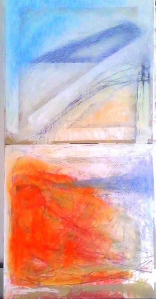 2 canvases, each 60 cm square one above the other a diptych oil paint with siccative for the first coat then taped and painted again then tape removed followed by oil bars finally graphite pencil marks part landscape part dream